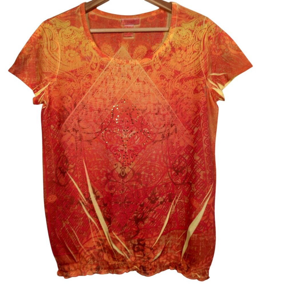 Loop 18 Shirt 9/11 Orange Yellow Graphic Geometric Print Studded Vintage Y2K